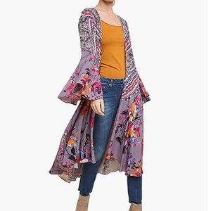 Umgee Women's Ruffled Long body Grey Paisley and Floral Watercolor Kimono, Sz XL